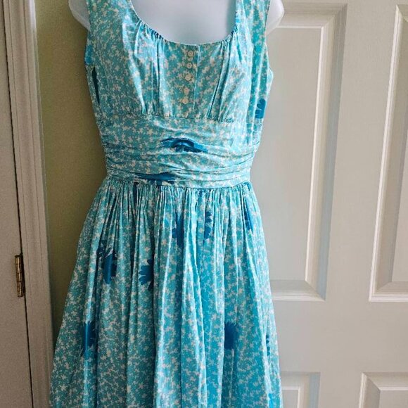Vintage Anne Fogarty 50's Blue & White Floral Midi Dress - Picture 6 of 9